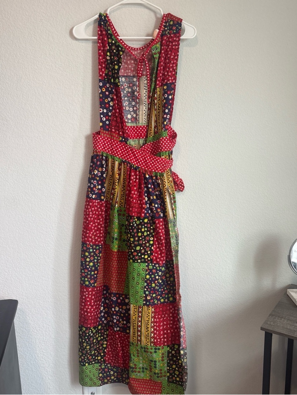 Patchwork Pinafore Apron Dress in Red, Green, Navy - Picture 3 of 8